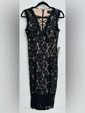 Betsy & Adam Black Lace Overlay Nude Underlay Sheath Dress